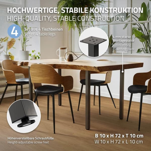 ML-Design sæt med 4 bordben I-Design 72 cm, mørkegrå, industrielt look, stål, pulverlakeret, profil 4x4 cm, højdejusterbare møbelben 1-4 cm, møbelben