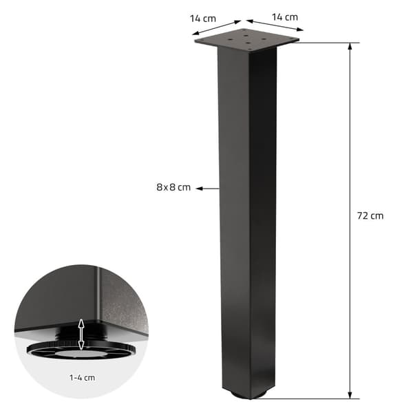 ML-Design set med 4 bordsben I-Design 72 cm, mörkgrå industri-look, pulverlackerat stål, profil 8x8 cm, höjdjusterbara möbelben 1-4 cm, möbelben för