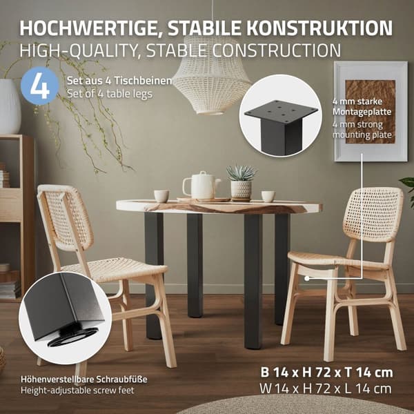 ML-Design set med 4 bordsben I-Design 72 cm, mörkgrå industri-look, pulverlackerat stål, profil 8x8 cm, höjdjusterbara möbelben 1-4 cm, möbelben för