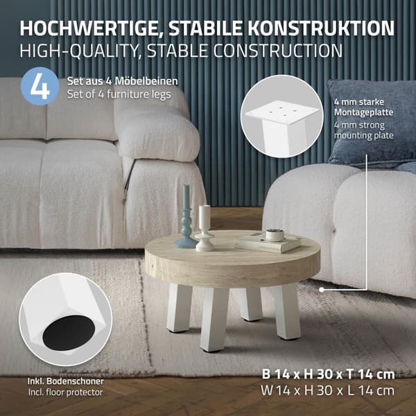 ML-Design sæt med 4 bordben vinklet H:30 cm, hvid blank, fremstillet af pulverlakeret stål, vinkelformet, profil 8x8 cm, I-form, møbelben metal 96°