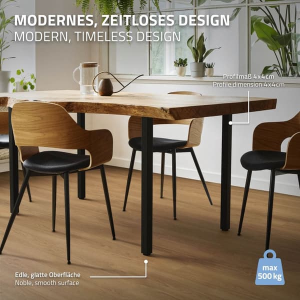 ML-Design set med 4 bordsben I-Design 72 cm, blank svart, tillverkad av pulverlackerat stål, kantig, profil 4x4 cm, höjdjusterbara möbelben 1-4 cm,