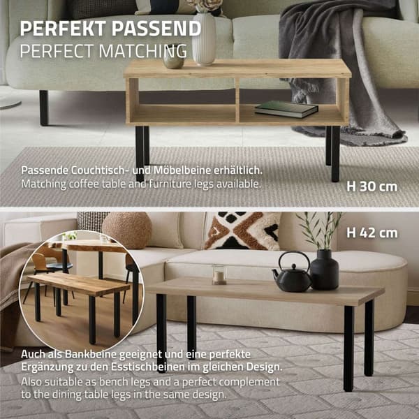 ML-Design set med 4 bordsben I-Design 72 cm, blank svart, tillverkad av pulverlackerat stål, kantig, profil 4x4 cm, höjdjusterbara möbelben 1-4 cm,