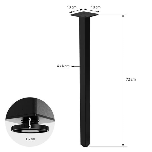 ML-Design set med 4 bordsben I-Design 72 cm, blank svart, tillverkad av pulverlackerat stål, kantig, profil 4x4 cm, höjdjusterbara möbelben 1-4 cm,