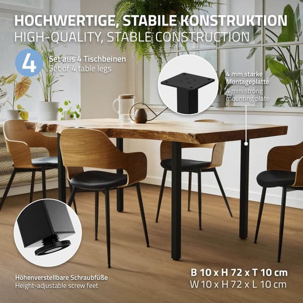 ML-Design set med 4 bordsben I-Design 72 cm, blank svart, tillverkad av pulverlackerat stål, kantig, profil 4x4 cm, höjdjusterbara möbelben 1-4 cm,