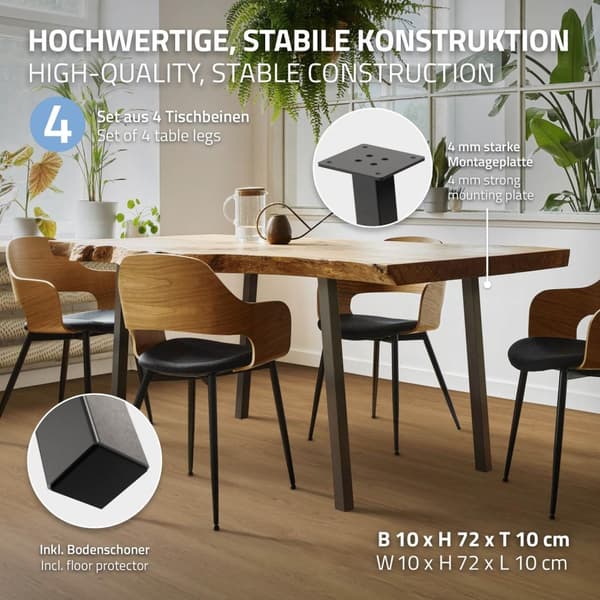 ML-Design sæt med 4 bordben vinklet 72 cm, mørkegrå, industrielt look, pulverlakeret stål, profil 4x4 cm, I-form, møbelben metal 96° hældning,