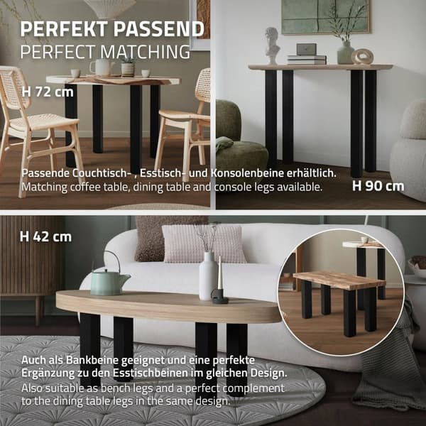 ML-Design sæt med 4 bordben I-Design 30 cm, blank sort, fremstillet af pulverlakeret stål, kantet, profil 8x8 cm, højdejusterbare møbelben 1-4 cm,
