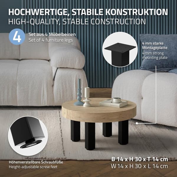 ML-Design sæt med 4 bordben I-Design 30 cm, blank sort, fremstillet af pulverlakeret stål, kantet, profil 8x8 cm, højdejusterbare møbelben 1-4 cm,