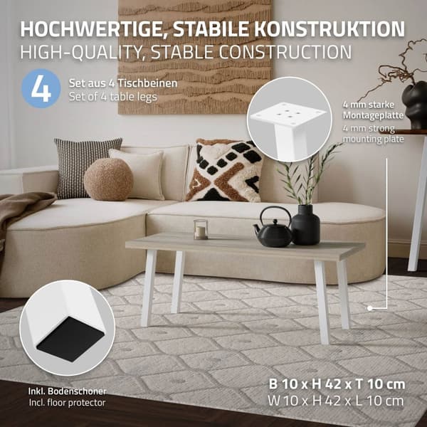 ML-Design 4 pöydänjalan setti kulmikas H:42 cm, valkoinen kiiltävä, jauhemaalattua terästä, kulmikas, profiili 4x4 cm, I-muoto, kalustejalat metallia