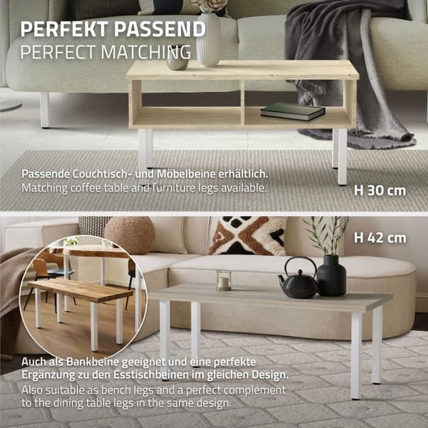 ML-Design set med 4 bordsben I-Design 72 cm, högblank vit, av pulverlackerat stål, kantiga, profil 4x4 cm, höjdjusterbara möbelben 1-4 cm, möbelben