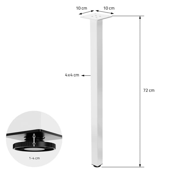 ML-Design set med 4 bordsben I-Design 72 cm, högblank vit, av pulverlackerat stål, kantiga, profil 4x4 cm, höjdjusterbara möbelben 1-4 cm, möbelben