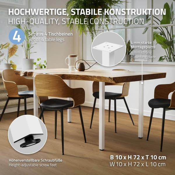 ML-Design set med 4 bordsben I-Design 72 cm, högblank vit, av pulverlackerat stål, kantiga, profil 4x4 cm, höjdjusterbara möbelben 1-4 cm, möbelben