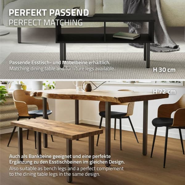 ML-Design sæt med 4 bordben I-Design 42 cm, mørkegrå, industrielt look, pulverlakeret stål, kantet, profil 4x4 cm, højdejusterbare møbelben 1-4 cm,