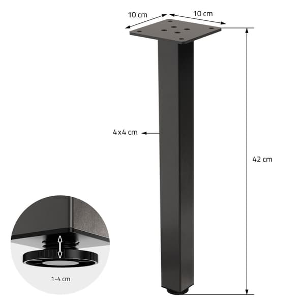 ML-Design sæt med 4 bordben I-Design 42 cm, mørkegrå, industrielt look, pulverlakeret stål, kantet, profil 4x4 cm, højdejusterbare møbelben 1-4 cm,