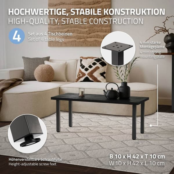 ML-Design sæt med 4 bordben I-Design 42 cm, mørkegrå, industrielt look, pulverlakeret stål, kantet, profil 4x4 cm, højdejusterbare møbelben 1-4 cm,