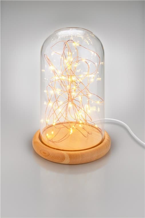 Goobay Glaskupa med mikro LED mikro-ljusslinga med träplatta, 115 cm USB-kabel, 5 m ljuskedja med 50 mikro-LED i varmvitt (2700 K) och strömbrytare (O