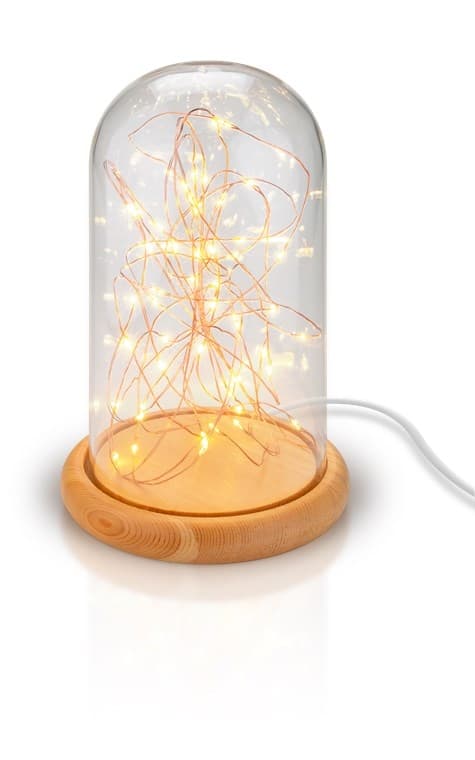 Goobay Glaskupa med mikro LED mikro-ljusslinga med träplatta, 115 cm USB-kabel, 5 m ljuskedja med 50 mikro-LED i varmvitt (2700 K) och strömbrytare (O