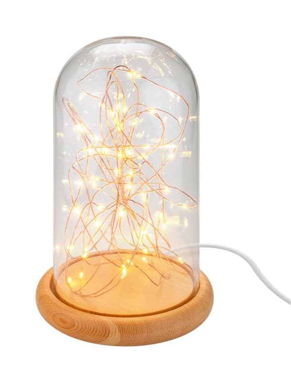 Goobay Glaskupa med mikro LED mikro-ljusslinga med träplatta, 115 cm USB-kabel, 5 m ljuskedja med 50 mikro-LED i varmvitt (2700 K) och strömbrytare (O