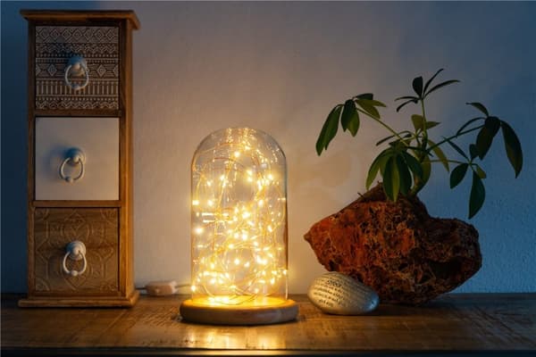 Goobay Glaskupa med mikro LED mikro-ljusslinga med träplatta, 115 cm USB-kabel, 5 m ljuskedja med 50 mikro-LED i varmvitt (2700 K) och strömbrytare (O