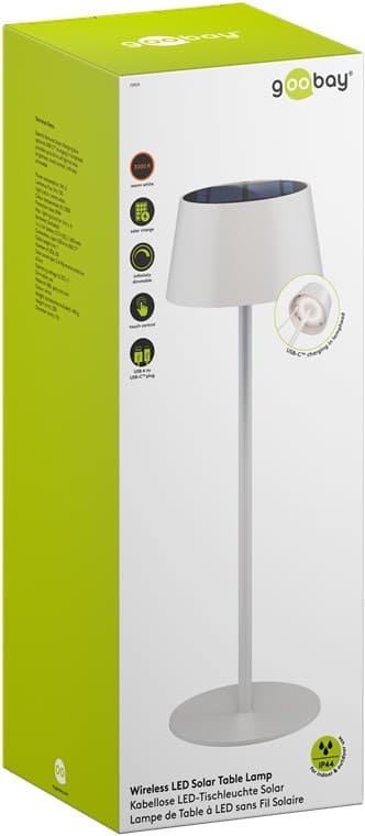 Goobay Trådløs solcelledrevet LED-bordlampe, hvit med berøringskontroll, 150 lm, varmhvit (3000 K), trinnløst dimbar