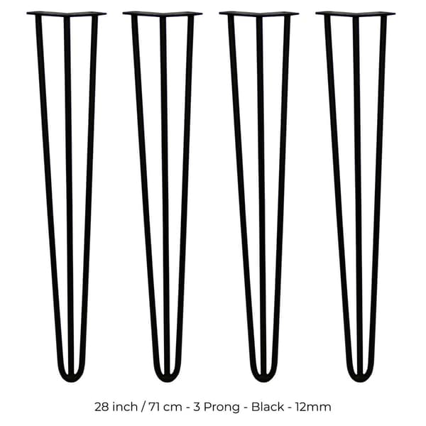 4 x 71 cm Hårnålsben - 3 Stänger - 12 mm - Svart + GRATIS Gummifötter och Skruvar Möbelben Metall Ben för Skåp Bord Bänkar Soffbord Bänk | MonsterShop