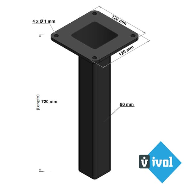 Svart Bordsben Square - 80 x 80 x 720 mm