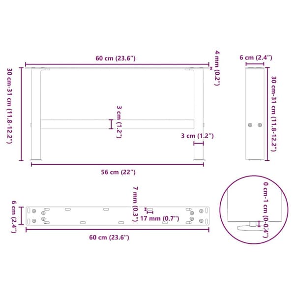 Soffbordsben vit 2 st 60x(30-31) cm stål