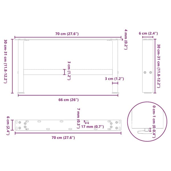 Sohvapöydän jalat Musta 2 kpl 70x(30-31) cm Teräs