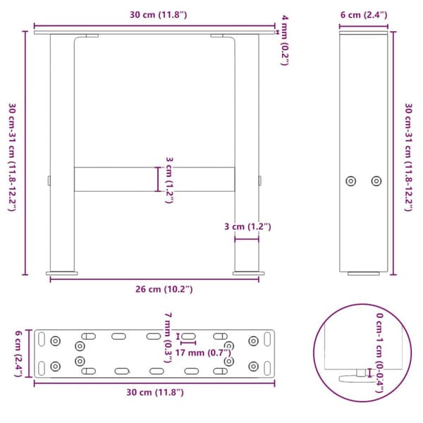 Soffbordsben vit 2 st 30x(30-31) cm stål