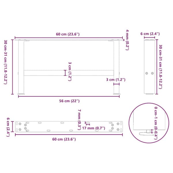 Sohvapöydän jalat Antrasiitti 2 kpl 60x(30-31) cm Teräs