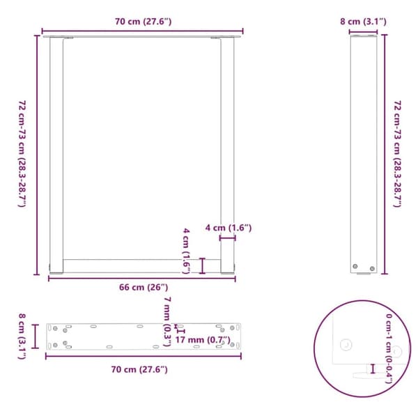 vidaXL Soffbordsben U-formade 2 st svart 70x(72-73) cm stål