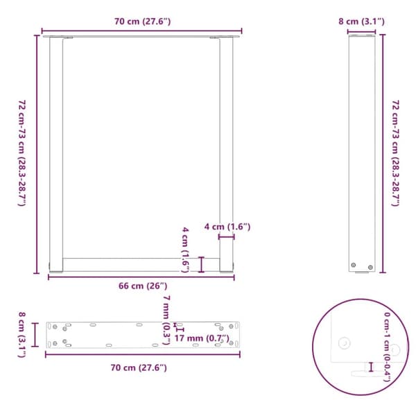 vidaXL Soffbordsben U-formade 3 st svart 70x(72-73) cm stål