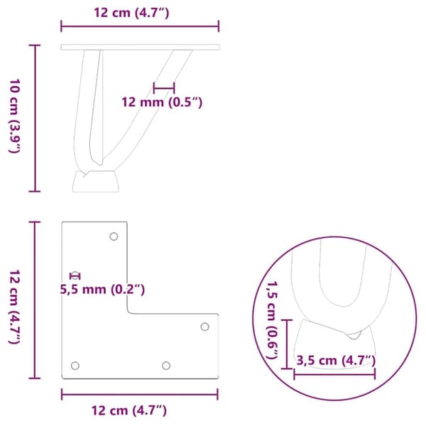 vidaXL Sohvapöydän hiusneulajalat 4 kpl antrasiitti 10 cm täysteräs