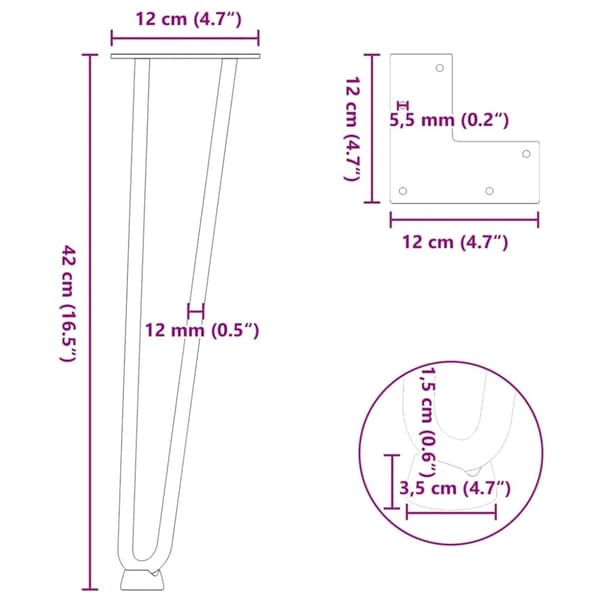 vidaXL Hårnålsformade bordsben 4 st vit 42 cm massivt stål