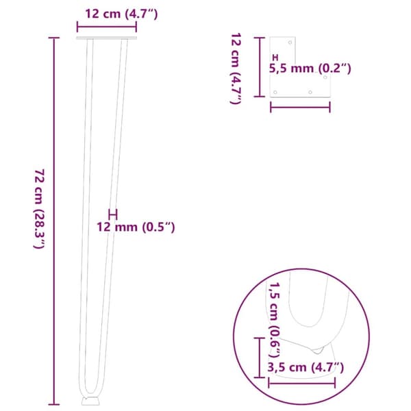 vidaXL Hårnål bordben 4 stk svart 72 cm solide stål