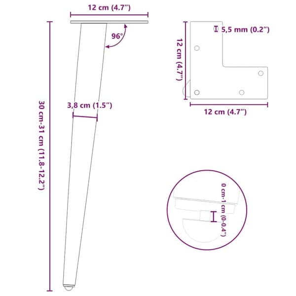 vidaXL Soffbordsben konisk form 4 st antracit 30-31 cm stål