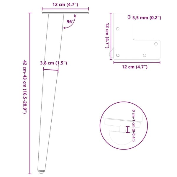 vidaXL Salongbordben konisk form 4 stk svart 42-43 cm stål