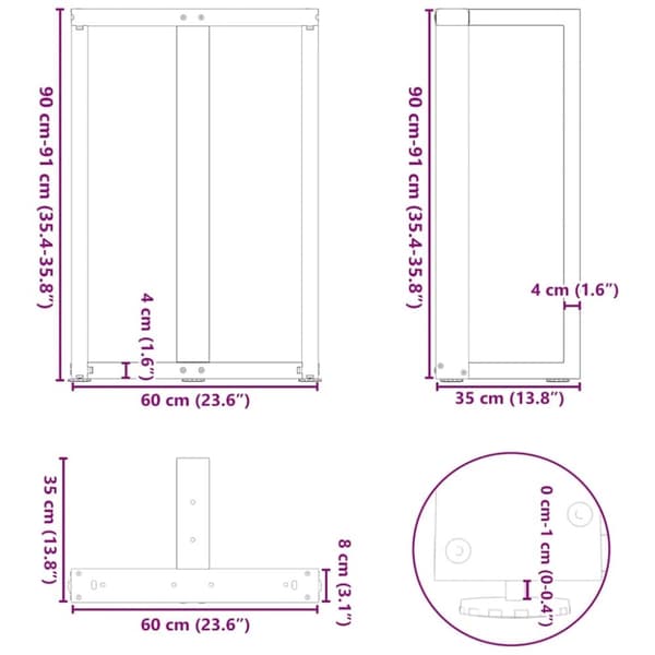vidaXL Barbordben T-formet 2 stk svart 60x35x(90-91) cm stål