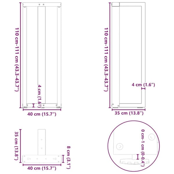 vidaXL Barbordsben T-formad 2 st svart 40x35x(110-111) cm stål