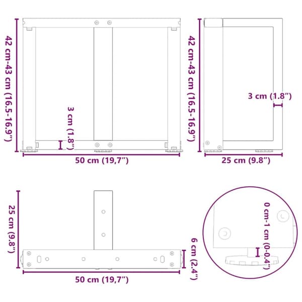 vidaXL Soffbordsben T-formade 2 st svart 50x25x(42-43) cm stål