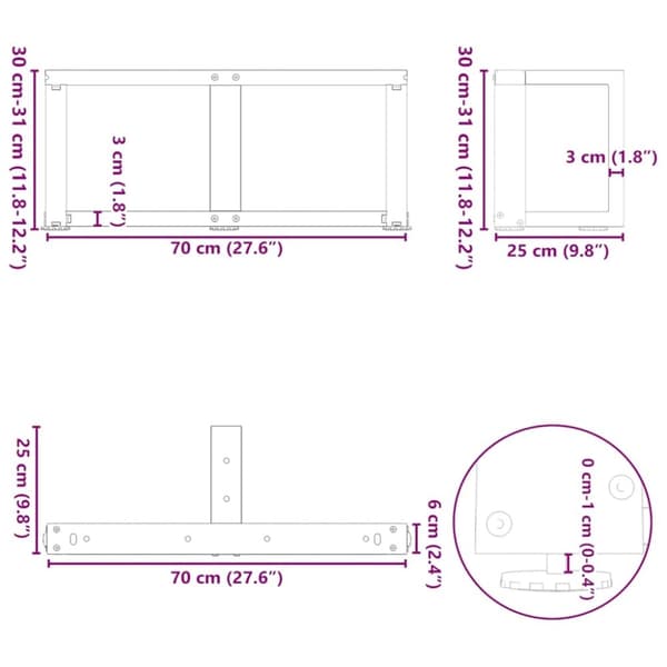vidaXL Salongbordben T-formet 2 stk antrasitt 70x25x(30-31) cm stål