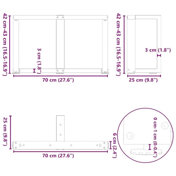 vidaXL Sohvapöydän jalat T-muotoiset 2 kpl musta 70x25x(42-43) cm teräs