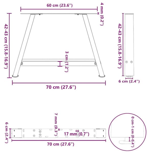 vidaXL Salongbordben A-formet 2 stk svart 70 x (42-43) cm stål