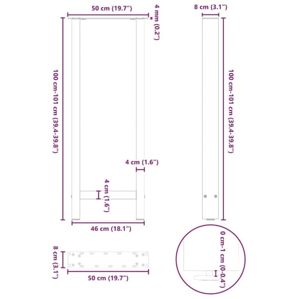 vidaXL sofabordben 2 stk. 50x(100-101) cm stål sort