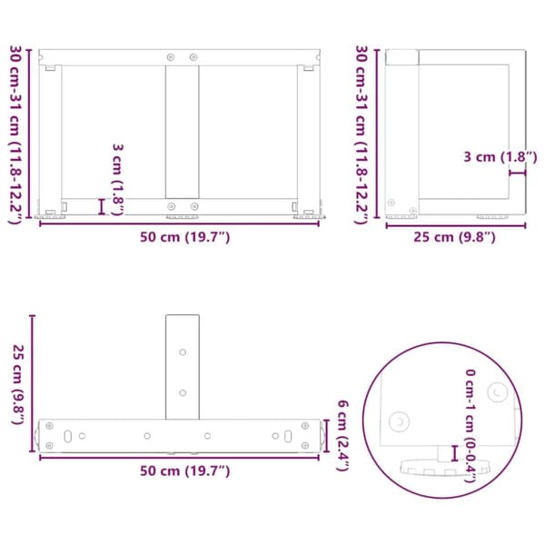 vidaXL sofabordben T-formet 2 stk 50x25x(30-31) cm stål sort