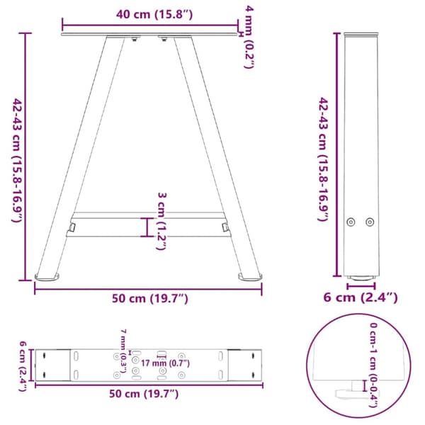 vidaXL Sohvapöydän jalat A-muotoiset 2 kpl Musta 50x(42-43) cm Teräs
