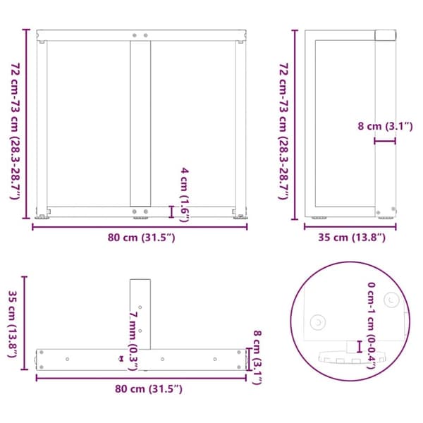 vidaXL Spisebordsben T-formet 2 stk 80x35x(72-73) cm stål sort