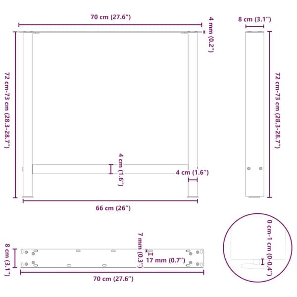 vidaXL Ruokapöydän jalat mustat 2 kpl 70x(72-73) cm teräs