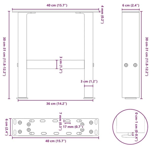 vidaXL Sohvapöydän jalat valkoinen 2 kpl 40x(30-31) cm teräs