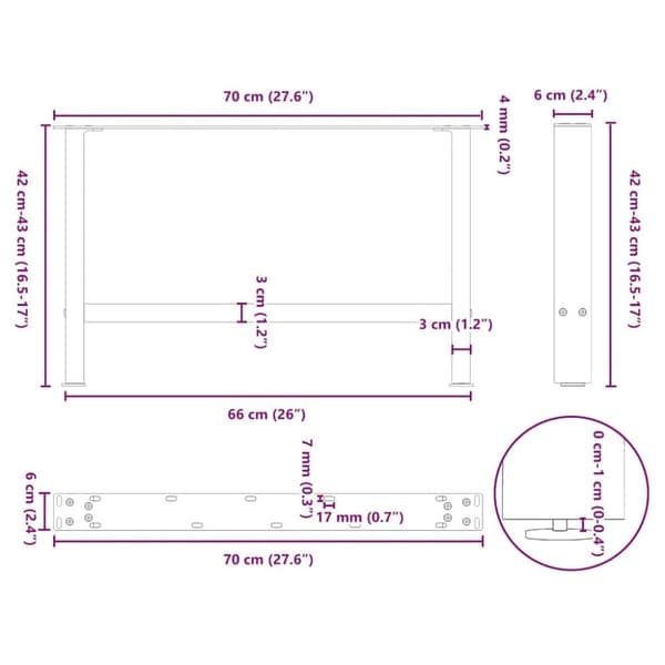 vidaXL Sohvapöydän jalat 2 kpl valkoinen 70x(42-43) cm teräs