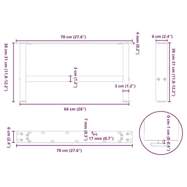 vidaXL Salongbordben hvit 2 stk 70x(30-31) cm stål